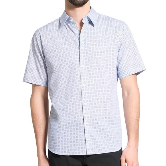 THEORY Men’s Irving Short-Sleeve Button Down Geometric Cotton Shirt Blue Multi